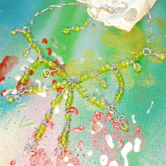 Hand Crafted Jewelry - VTG Hand Crafted silver necklace OOAK green silver tone drop and dangle bolo bow